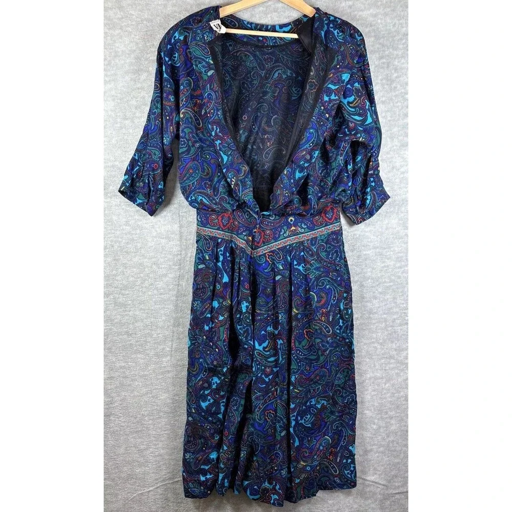 70s‎ Dress M/L Hippy Paisley Vintage Floral Boho Maxi Long Sleeve Blue Purple